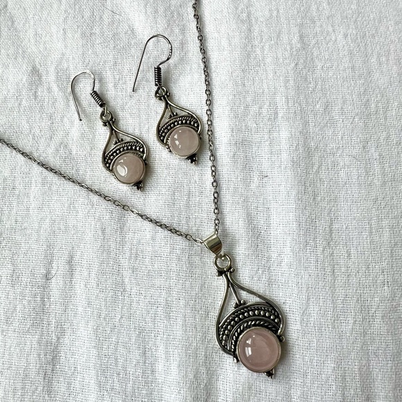 925 Rose Quartz Love Necklace + Earrings SET - Picture 3 of 4